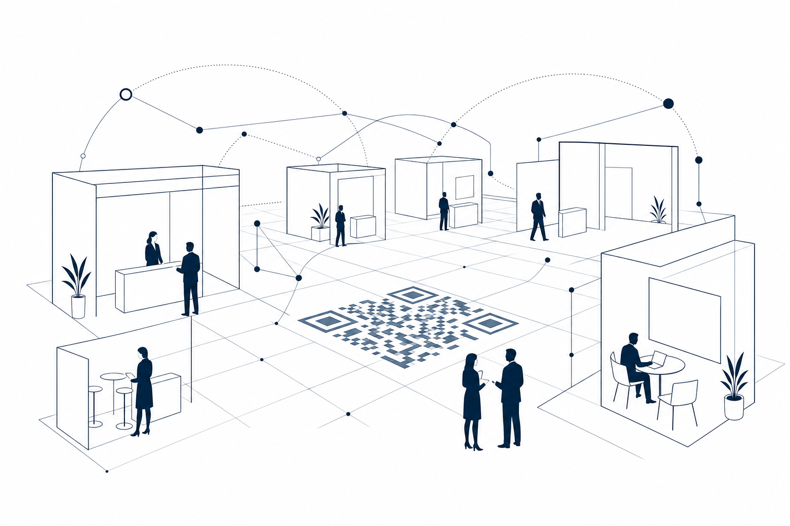 Abstract illustration of a connected expo hall with booth grid and QR network
